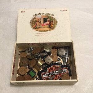 Vintage Antonio & Cleopatra cigar box filled w/ old coins, watches, old jewelry
